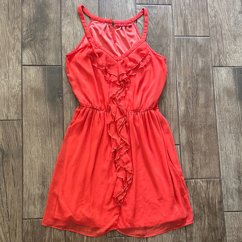 Deep Orange Ruffled Sleeveless Dress